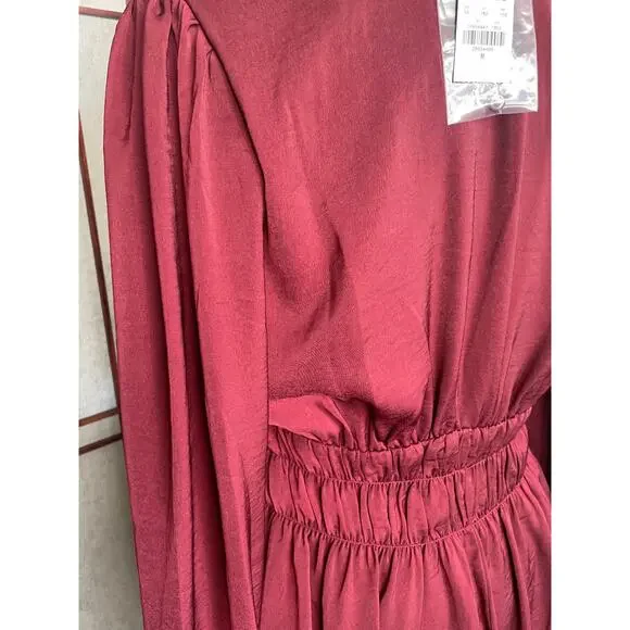 Express Burgundy Satin Long Sleeve V-Neck Mini Dress Size M - Picture 5 of 8